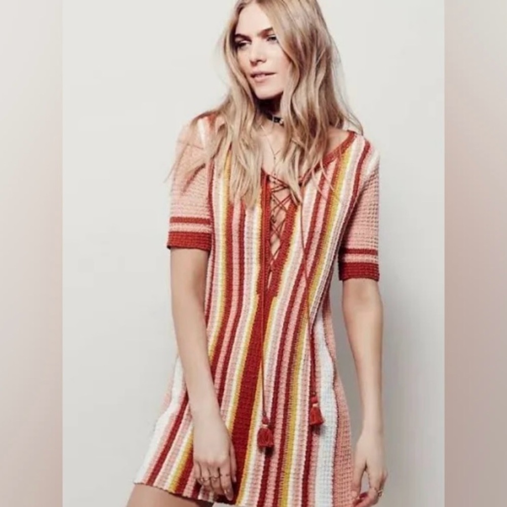 Free People Striped Lace-Up Mini Dress in Peach, Rust & Yellow